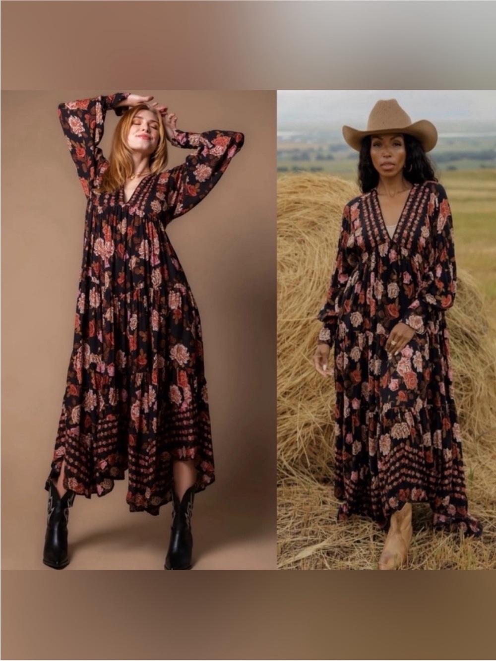 Free People “Rows of Roses Maxi” Dress in black combo size medium NWOT